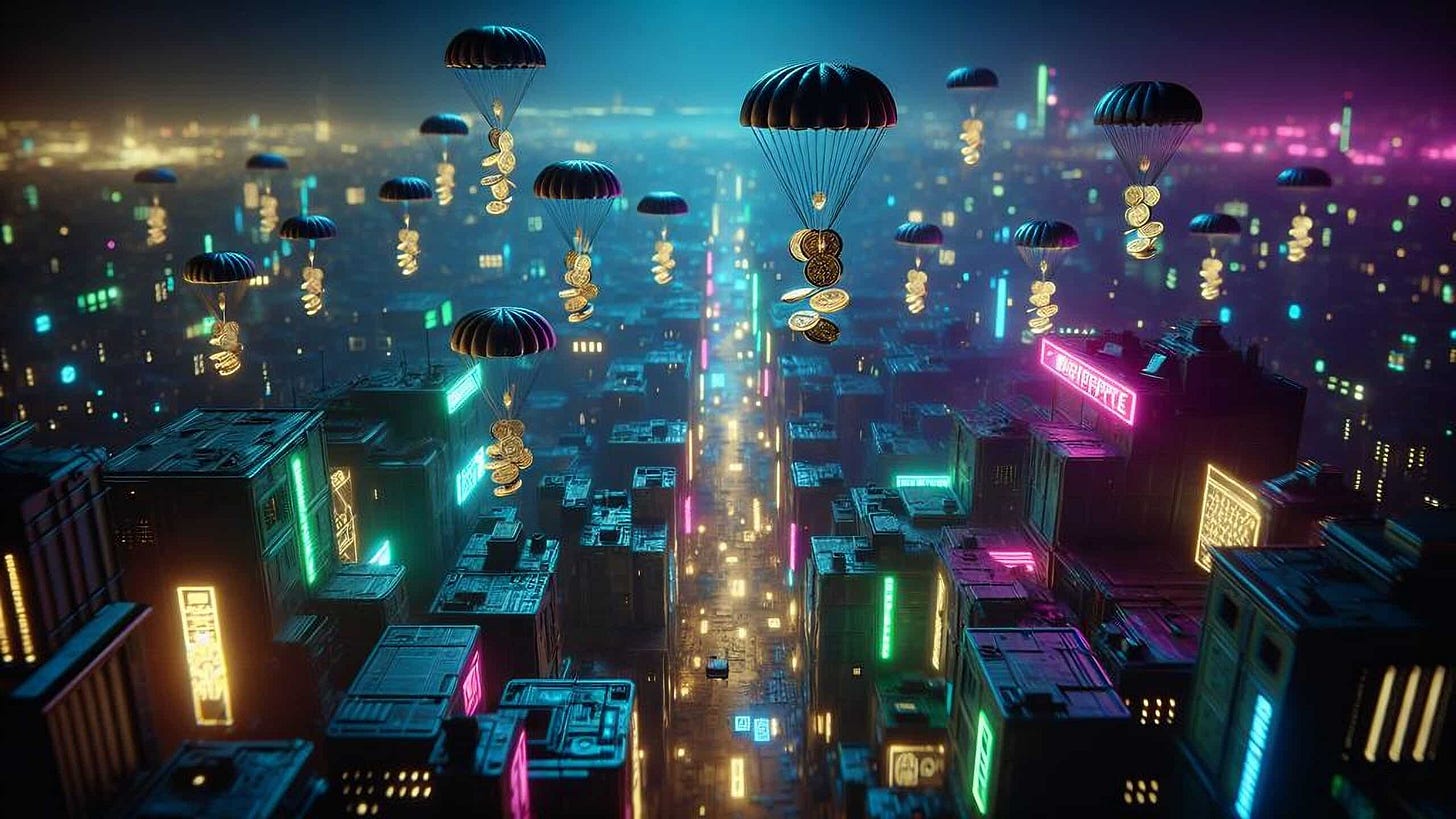 Cyberpunk photo of coins airdrop with parachute (Shutterstock)