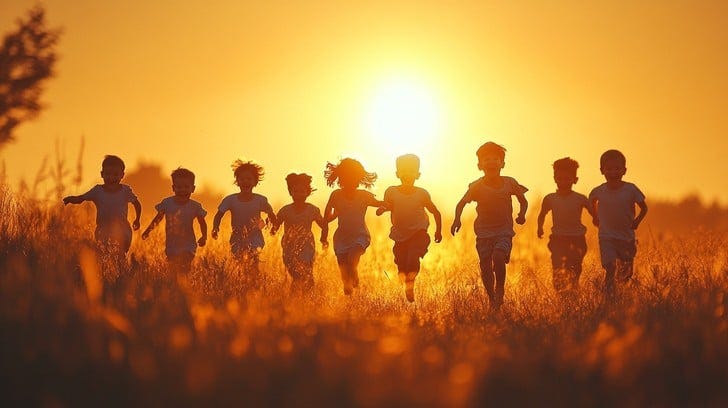As the sun sets, casting a warm golden glow across the horizon, a group of children races through a field filled with tall grasses. Their silhouettes, illuminated by the backlight of the setting sun, create a lively and heartwarming display of youthful energy and freedom. Their laughter and shouts fill the air, echoing the carefree spirit of childhood against the beautiful, tranquil backdrop of the natural world. Such moments, simple yet profoundly beautiful, remind us of the joys of being young and the pure pleasure of just running with friends as the day ends.