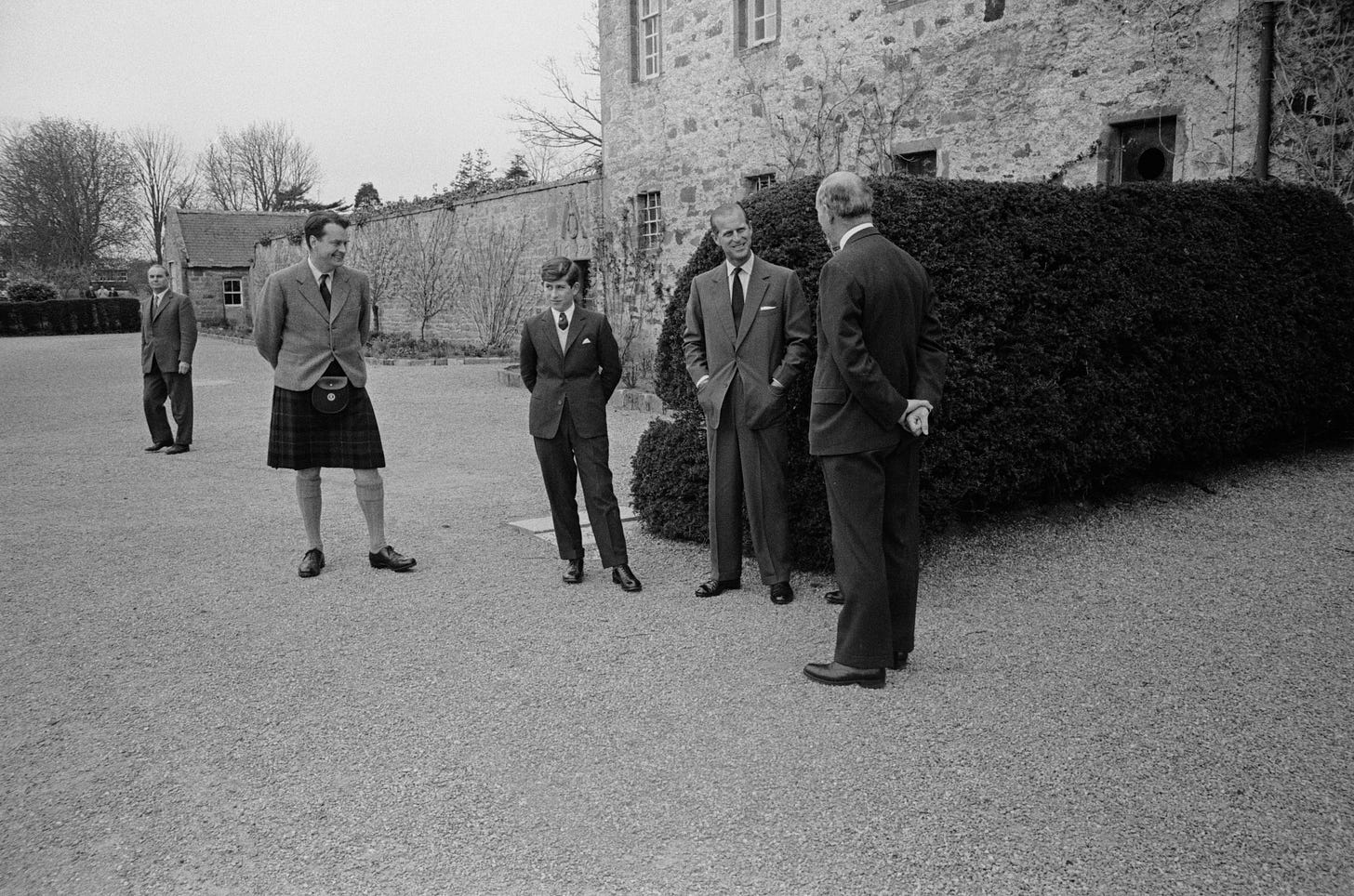 Prince Charles arriving at Gordonstoun in 1962 with Prince Philip
