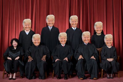 Picture of the Supreme Court justices with Trump's head superimposed over all but Sotomayor