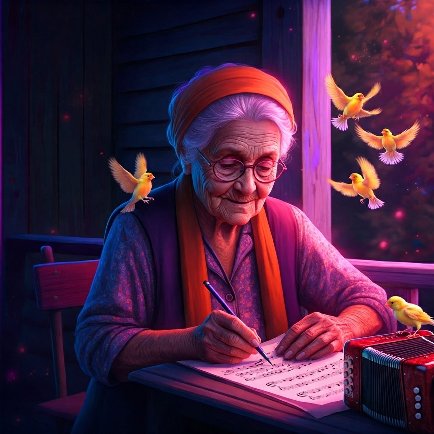 Image of elderly woman writing a song with canaries flying around her