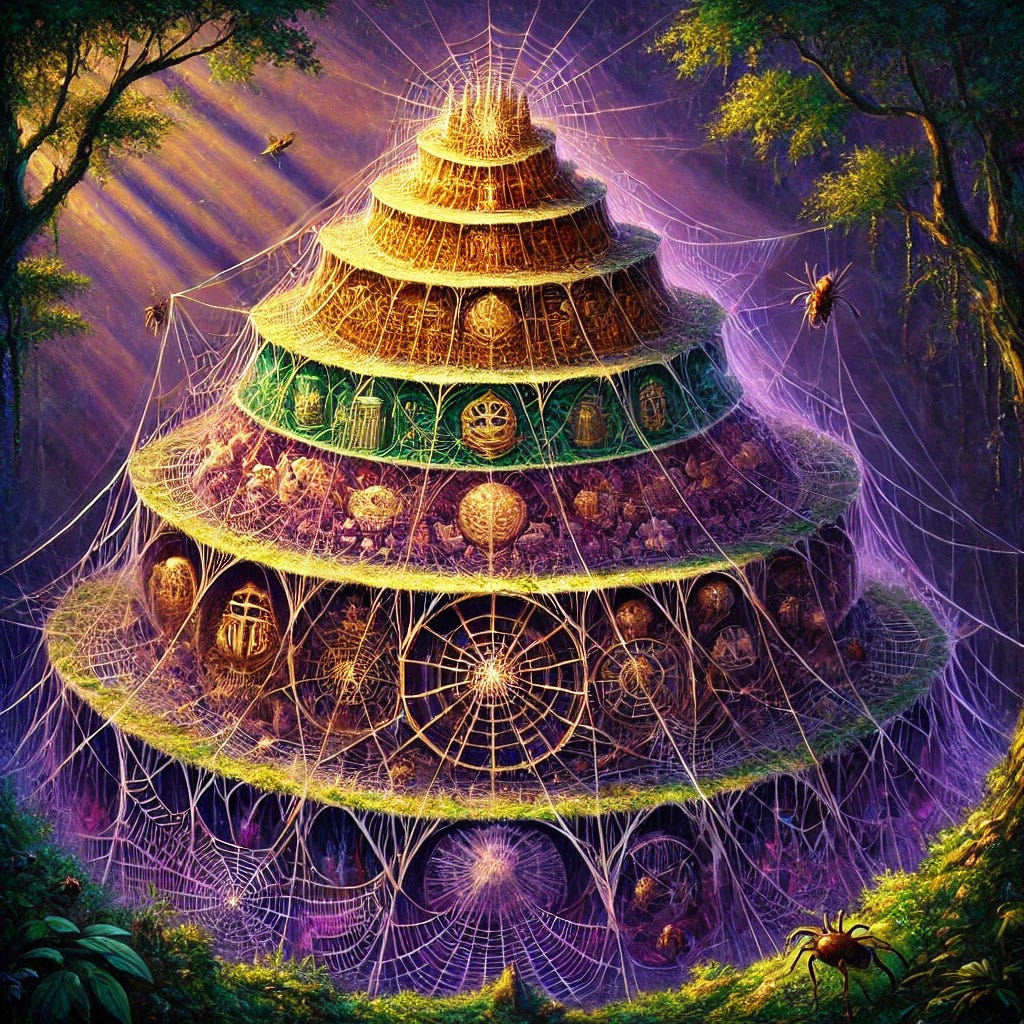 A beautiful oil painting of a symbolic empire represented by a layered spider web in a lush, mystical garden. The web has three layers: the outer layer is shimmering with golden strands and symbols of monarchy, reflecting visible power. The middle layer has darker, hidden threads symbolizing wealth, corporate power, and resources, woven with rich, shadowy tones. The innermost layer is delicate, nearly invisible, representing psychological influence, like soft mist drifting around the web. Small insects are caught within or hovering near these layers, some mesmerized, others attempting to escape. Painted in deep purples, greens, and golden hues with bold, expressive brushstrokes, the scene has a surreal twilight atmosphere, capturing the complexity and mystery of this layered structure.