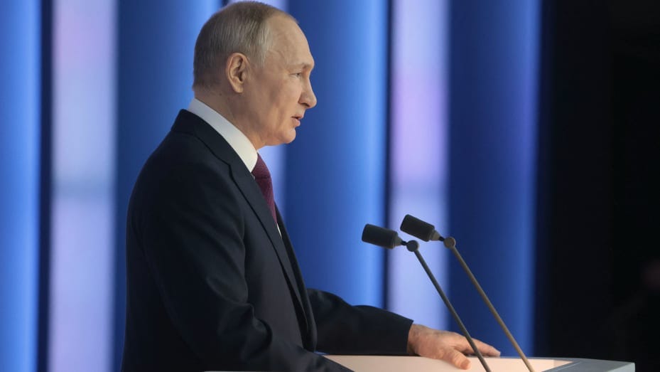 Russian President Vladimir Putin delivers his annual state of the nation address at the Gostiny Dvor conference centre in central Moscow on February 21, 2023.