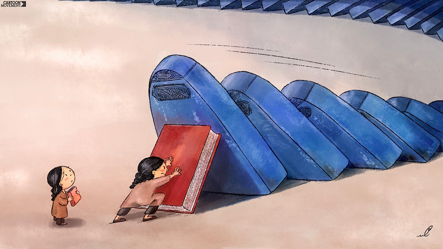 Cartoon showing a line of domino stones shaped like burqas. The stones are falling, but the last on is prevented from toppling over by a mother bracing the stone with a book, protecting her daughter.