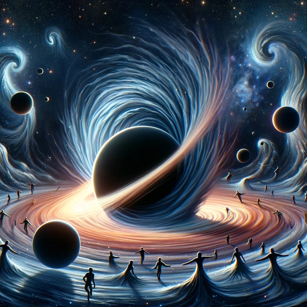 Create a symbolic representation of black holes and neutron stars as cosmic whirlpools. The image features black holes and neutron stars visualized as giant, swirling vortices in space. Each black hole is depicted as a dark, absorbing spiral, pulling in everything around it with immense force, making objects disappear into its center. Neutron stars are shown as slightly less intense but still powerful vortices, attracting nearby celestial objects. The scene includes figures resembling dancers, gracefully orbiting and being drawn towards these cosmic whirlpools, depicting the gravitational pull. The setting is a starry, dark cosmic background, enhancing the mystical and enigmatic allure of the concept.