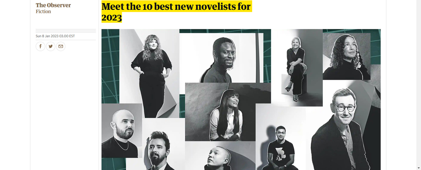 Screenshot from the website linked below showing the section of The Guardian website ("The Observer: Fiction") and the title "Meet the 10 Best New novelists for 2023" over a collage of author photos