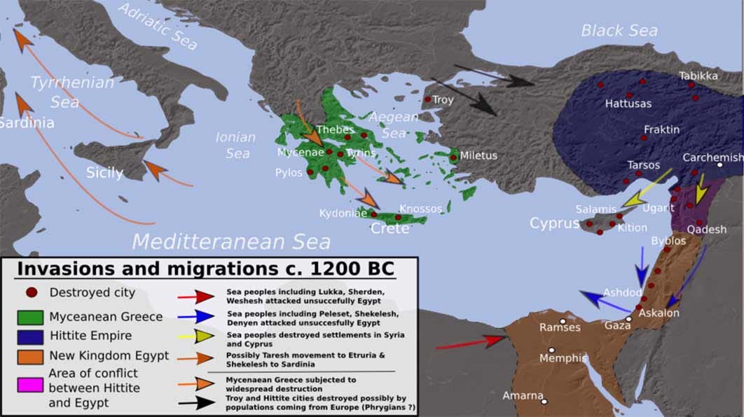 Invasions, population movements and destruction during the collapse of the Bronze Age, c. 1200 BC derived from Atlas of World History (2002) (Alexikoua / CC BY-SA 3.0)