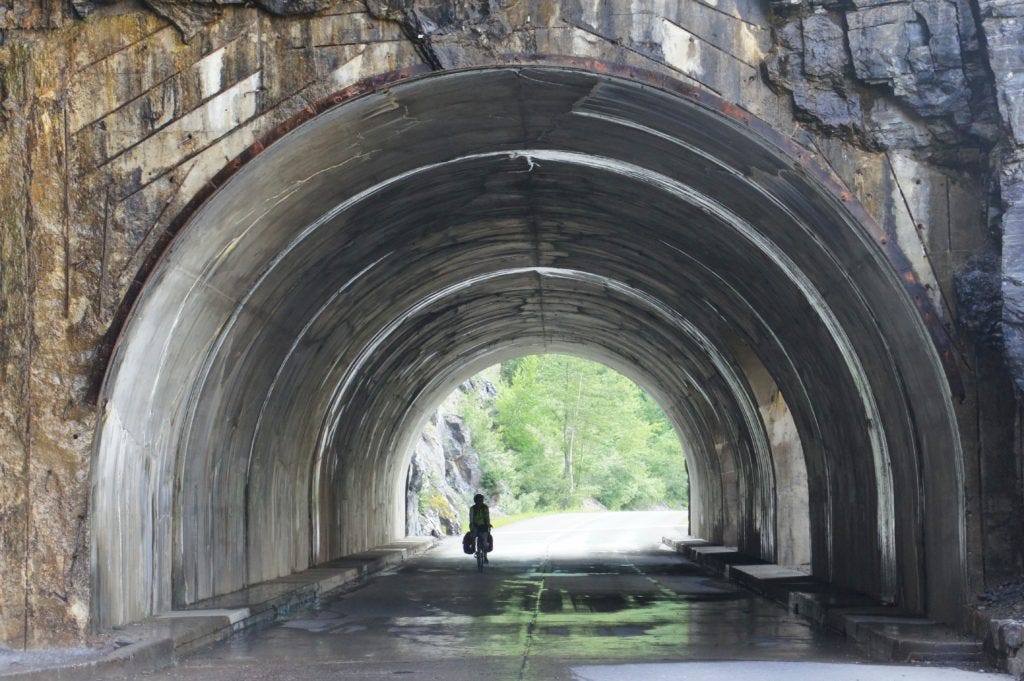 Chelsea heads into a tunnel on the climb.