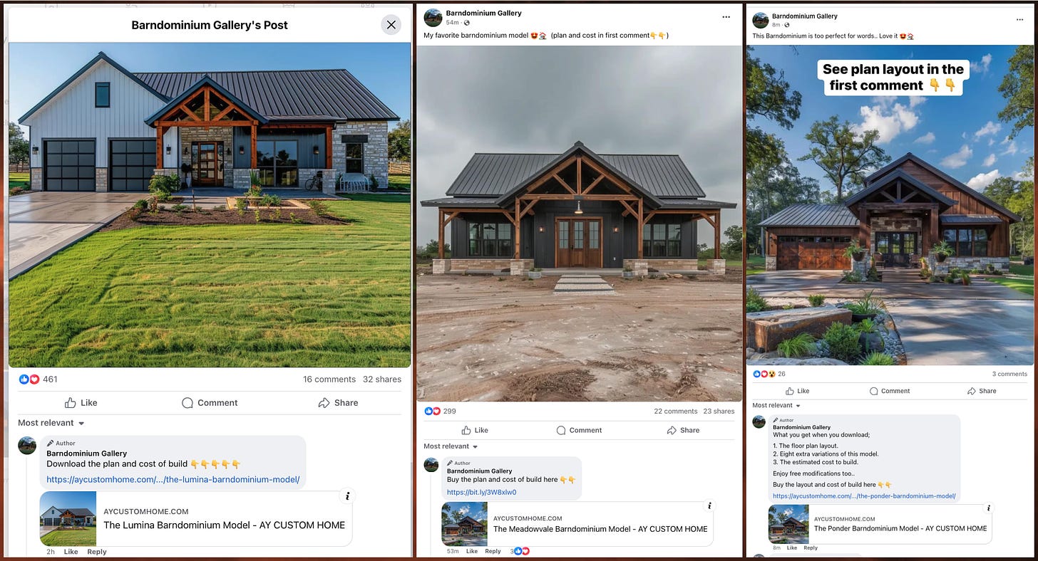 screenshots of three Barndominium Gallery Facebook posts with links to aycustomhome.com