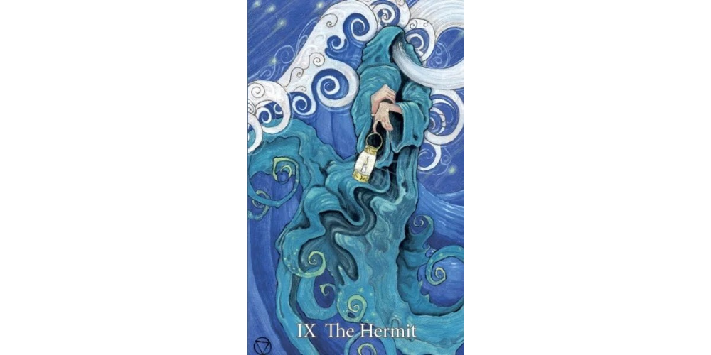 The Hermit tarot card from the Mary-El tarot deck, description follows in text.