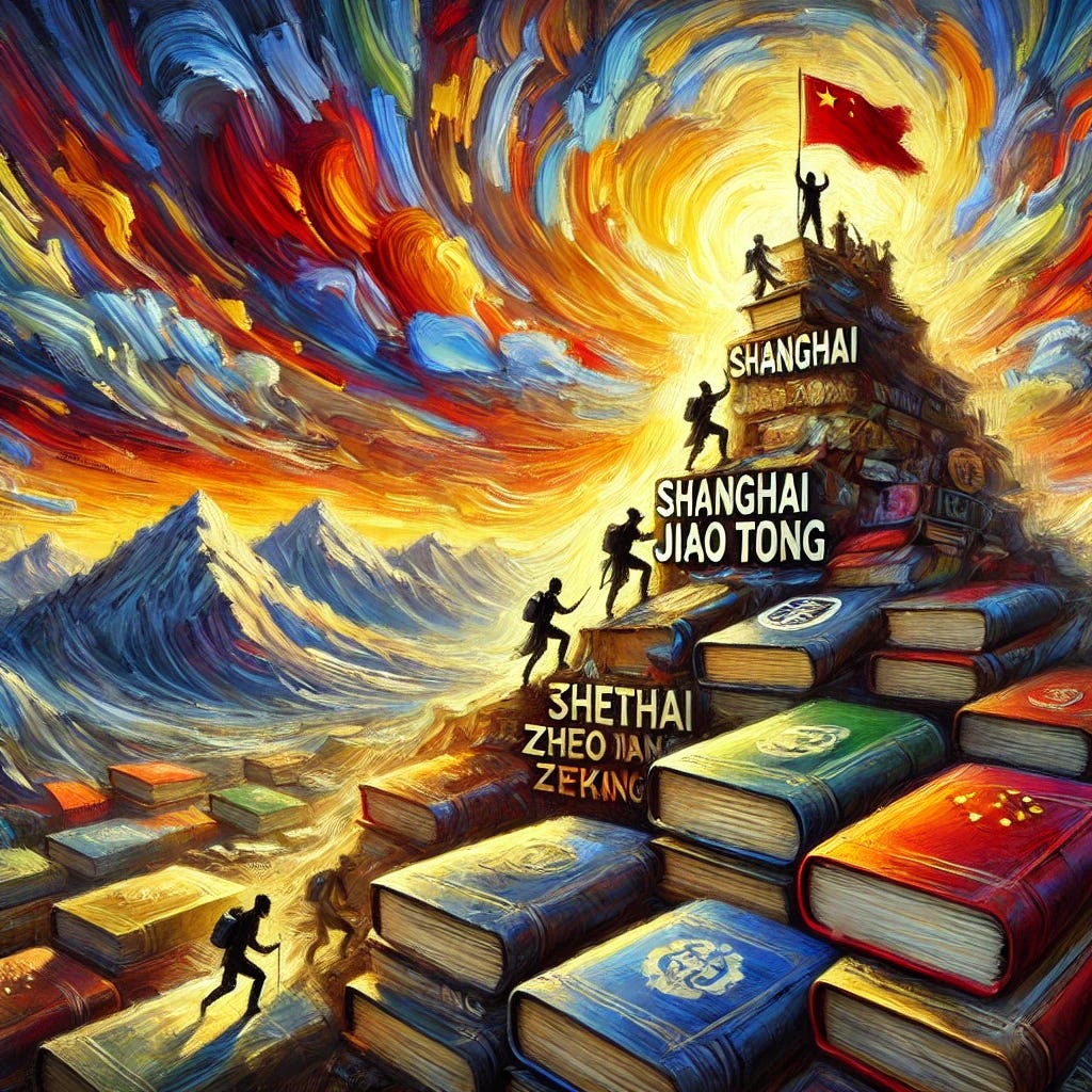 An abstract representation of China's rise in scientific research. A dynamic scene with swirling brushstrokes and contrasting colors, showing a mountain of books and journals with Chinese university names like Shanghai Jiao Tong, Zhejiang, and Peking. Figures in motion climbing the mountain, symbolizing progress and effort. A dramatic sky with vibrant colors in the background, evoking a sense of achievement and hope. The medium should resemble oil on canvas, capturing the raw emotion and energy of the scene in an expressionistic style.