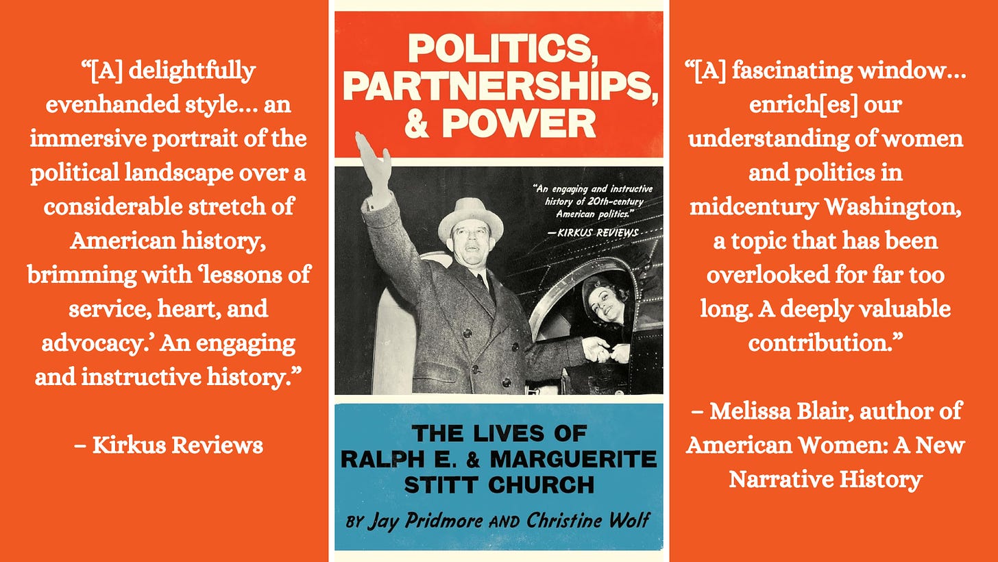 Cover image of Politics, Partnerships, & Power, including a review from Kirkus and Melissa Blair