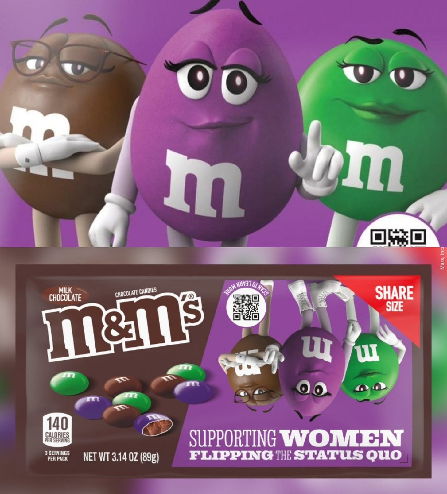 Brown, Purple and Green M&M over the front of the bag featuring those three that reads flipping the status quo
