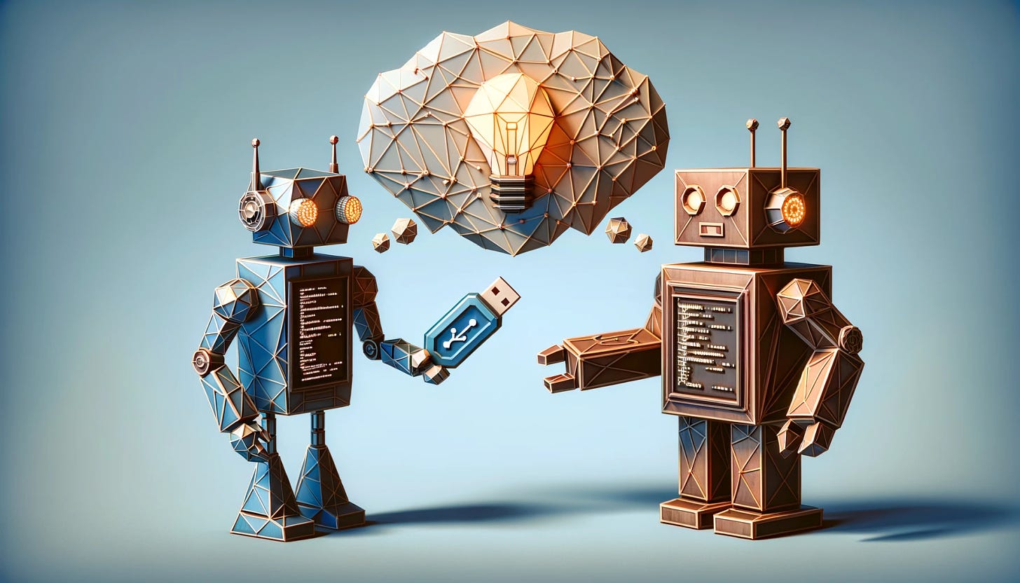 A low poly, landscape orientation illustration of two robots facing each other. The first robot on the left, designed with geometric shapes in metallic silver, has a sleek, futuristic look and a thought bubble filled with abstract symbols representing code. It is extending a USB drive towards the second robot. The robot on the right, made with low poly geometric shapes in rustic bronze, has a traditional, boxy robot design. Above its head is a light bulb, symbolizing a new idea or realization. This scene captures the concept of knowledge transfer between robots, similar to multi-task fine-tuning in Code Large Language Models.