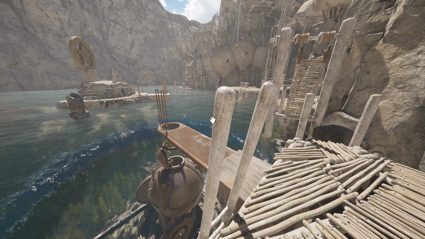 A screenshot of the remake Riven (2024) showing the submarine and the Village Lake area as the player tries to go down the ladder.