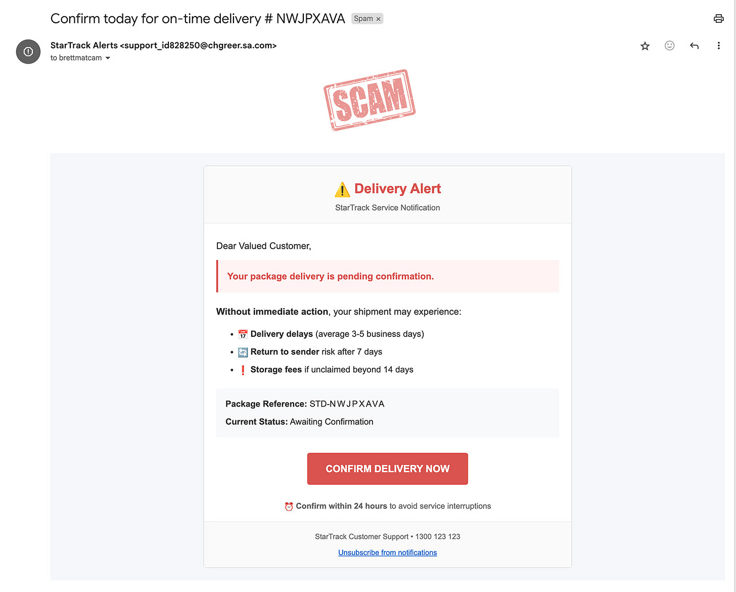 Screenshot of scam email claiming you must click to confirm a delivery.