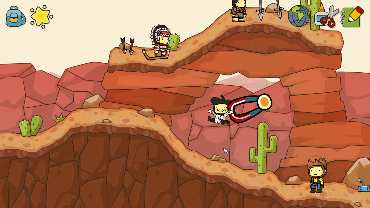 A screenshot of Scribblenauts Unlimited where an artistic man is jumping with a comically large medal, surrounded by American indians in a mesa area.