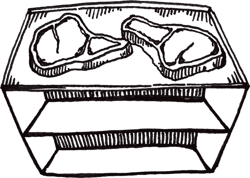 Illustration of steaks on the top shelf of a bookcase