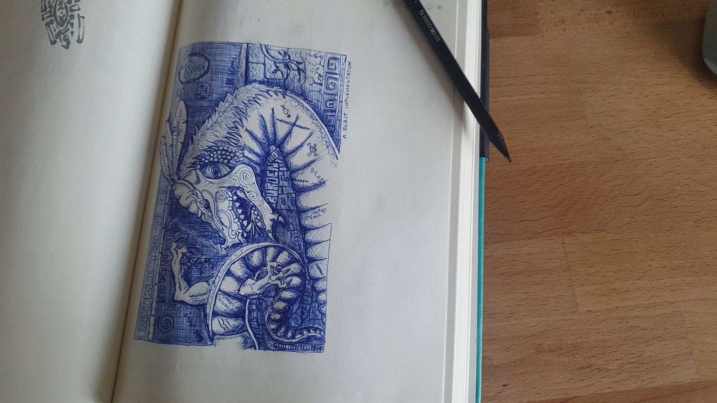 A sketch book with an ultra detailed pen drawing of a dragon