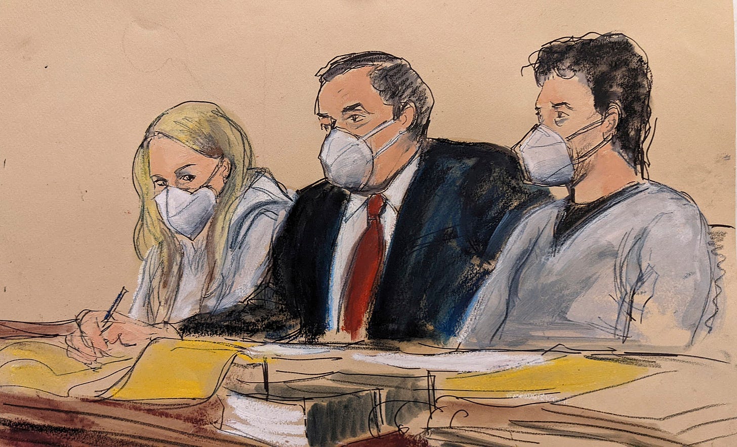 Attorney Sam Enzer, center, sits between Heather Morgan, left, and her husband, Ilya &quot;Dutch&quot; Lichtenstein&nbsp;in New York.&nbsp;