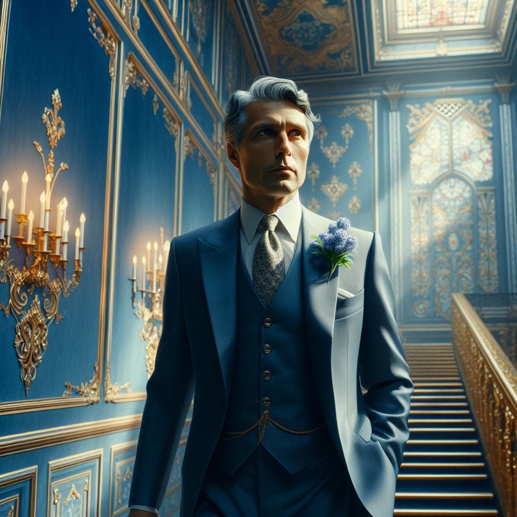 middle aged man in silk suit with Chicory blossom in lapel. blues from pale periwinkle to deep indigo. he walks down a gilded stair case in a mansion with flying buttresses and ornate ceiling tiles. Wall panel artwork in baroque style and the style of peter max intermittent light coral/ light yellows accents. Sunlight in through a stained glass window of blues/greens. wall panels deep prussian blue  velvet panels.Gold prisms hanging from striing in foreground