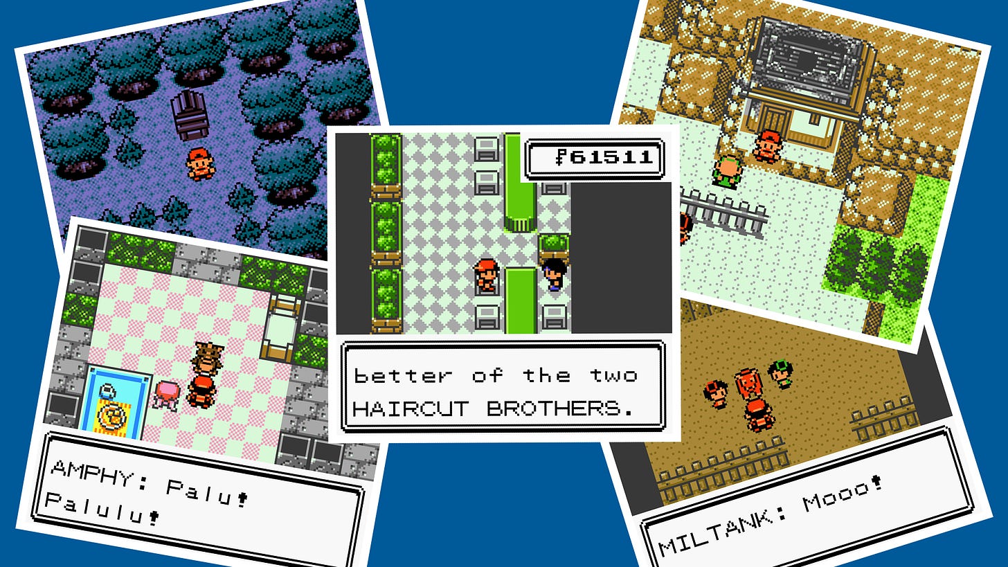 A collection of moments from Pokémon Crystal that are memorable to me (Featured images: Ilex Forest, Amphy in the Olivine City Lighthouse, the Haircut Brothers in Goldenrod City, Moomoo Farm on Route 39, and the Burned Tower in Ecruteak City)