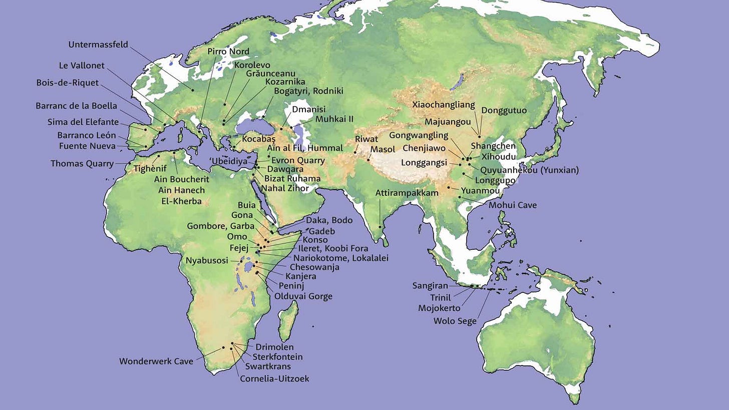 Map of Africa, Eurasia, and Australasia with sites noted. Map of Africa, Eurasia, and Australasia with sites noted.