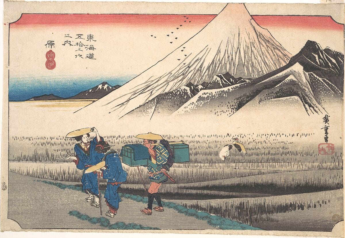 Hara: Mount Fuji in the Morning (Hara, Asa no Fuji), from the series Fifty-Three Stations of the Tōkaidō Road (Tōkaidō gojūsan tsugi), also known as the First Tōkaidō or Great Tōkaidō, Utagawa Hiroshige (Japanese, Tokyo (Edo) 1797–1858 Tokyo (Edo)), Woodblock print, Japan 