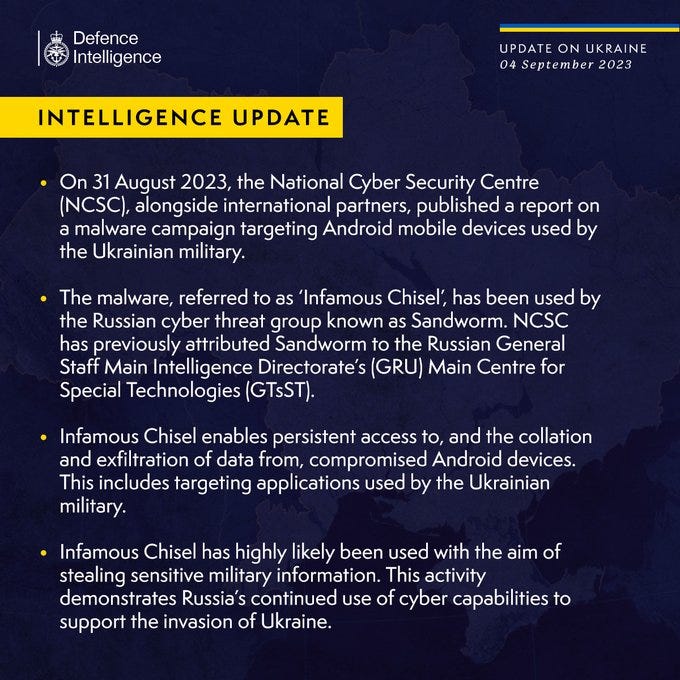 Latest Defence Intelligence update on the situation in Ukraine - 04 September 2023. Please read thread below for full image text.