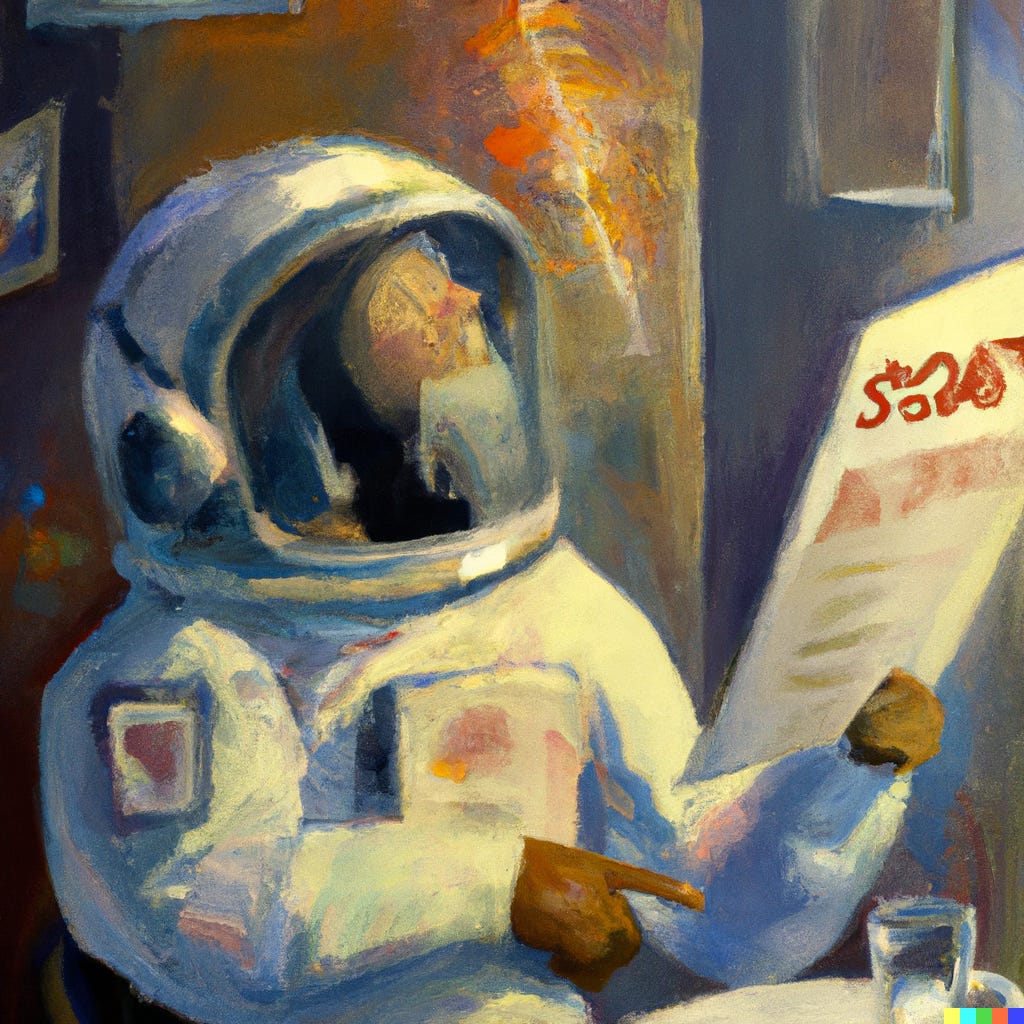 Astronaut looking at menu prices