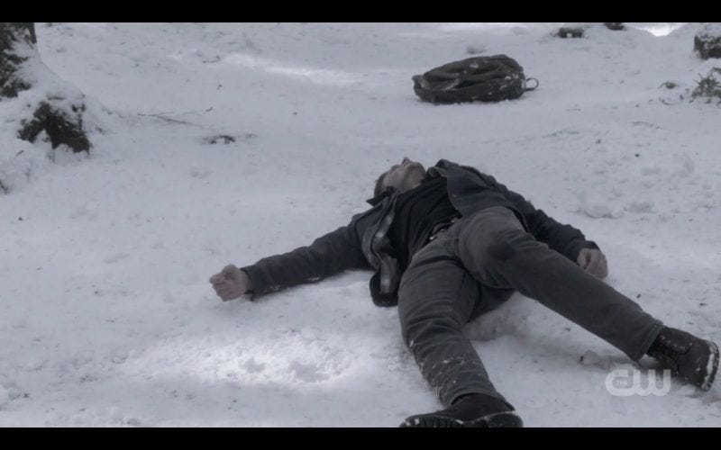 supernatural dean winchester collapses in snow