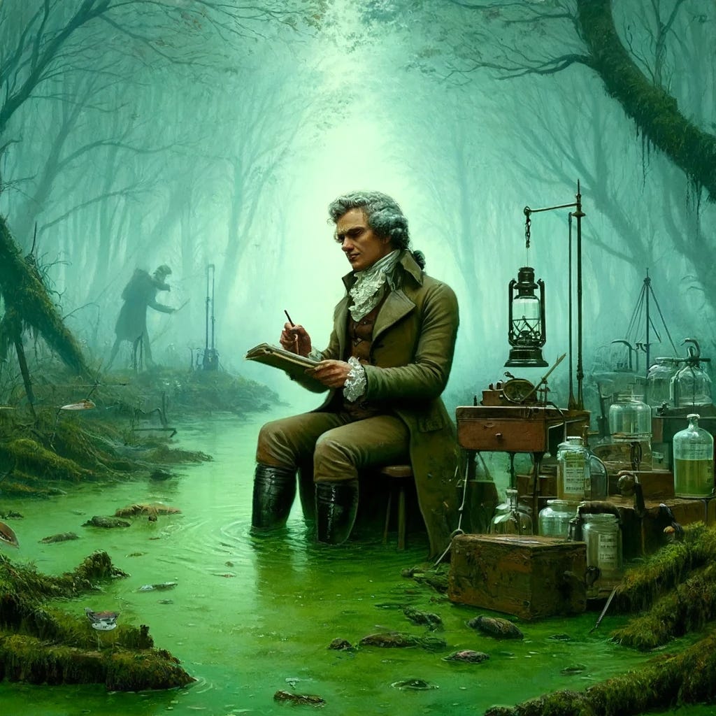 A historical scene depicting John Dalton, a meteorologist from the 18th century, conducting experiments in a swamp. Dalton is depicted as a typical Victorian figure with period-appropriate attire, complete with a long coat and boots, surrounded by the misty and murky environment of an English swamp. He is studying swamp gases, equipped with basic scientific instruments like glass jars and a notepad. The atmosphere is eerie, reflecting a sense of solitude and intense concentration. Dalton, who is colorblind, appears slightly out of place in the vivid green swamp, hinting at his unique perspective on the world.