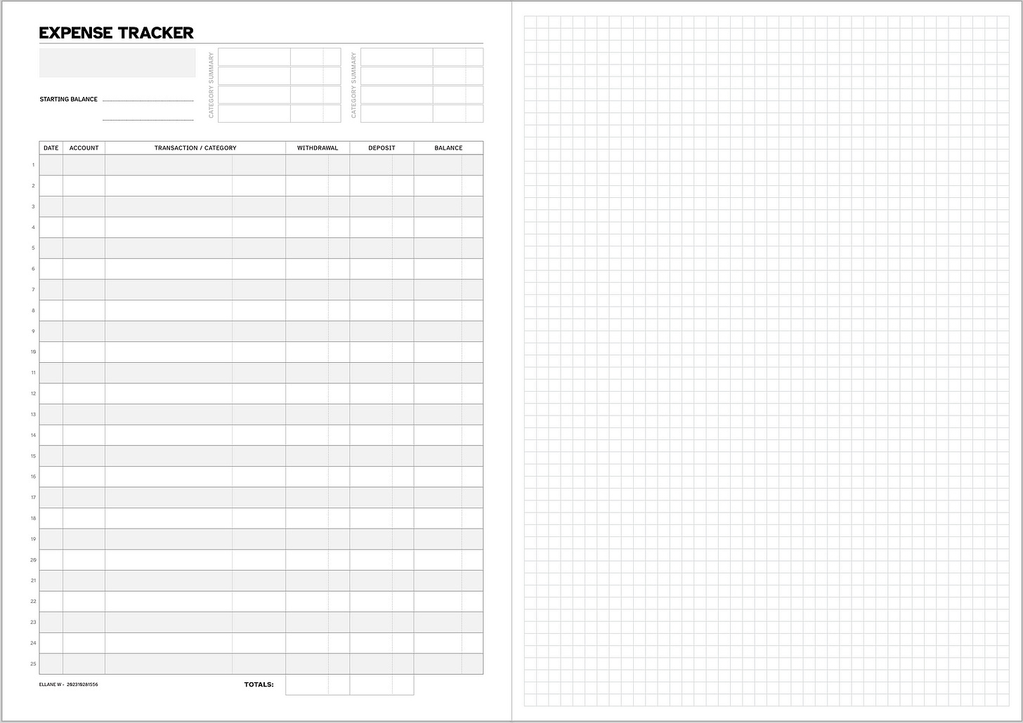 Two pages side by side, black printing on white paper. On the right is a simple grey grid, like regular graph paper. On the right is a table with 28 lines and 7 columns: Date, Account, Transaction, Category, Withdrawal, Deposit, Balance. The heading at the top left of the page reads EXPENSE TRACKER. There’s space to write the month and year under that. On the top right of the page are two small grids for recording category totals.