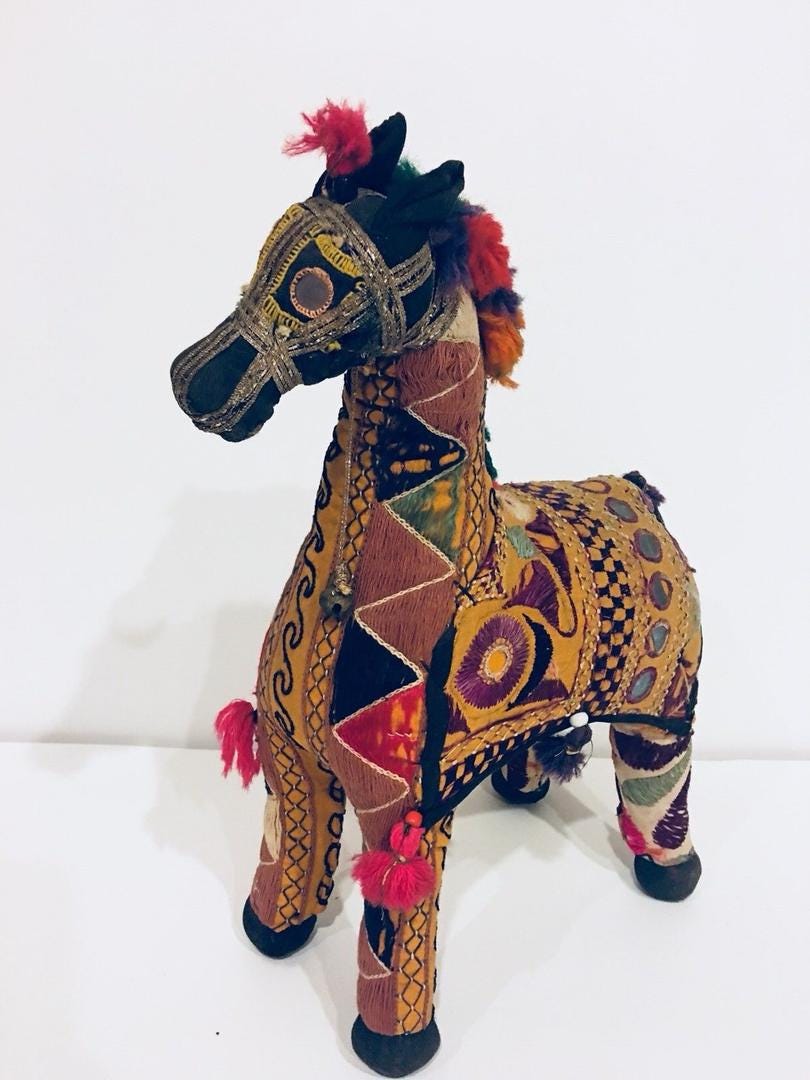 Vintage India Folk Art 15" Rajasthan Stuffed Horse Handwoven Embroidered  Textile | #1927693211