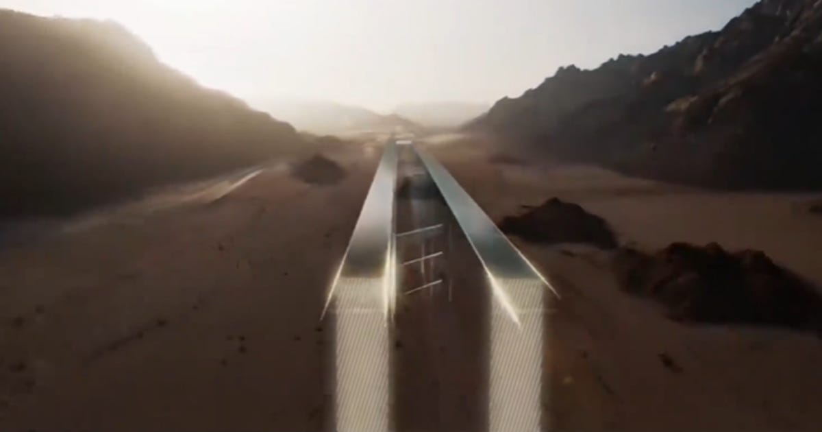 Screen grab from Kingdom Uncovered, showing promotional material of The Line, a ridiculous city concept meant to cut through the Saudi Arabian desert.