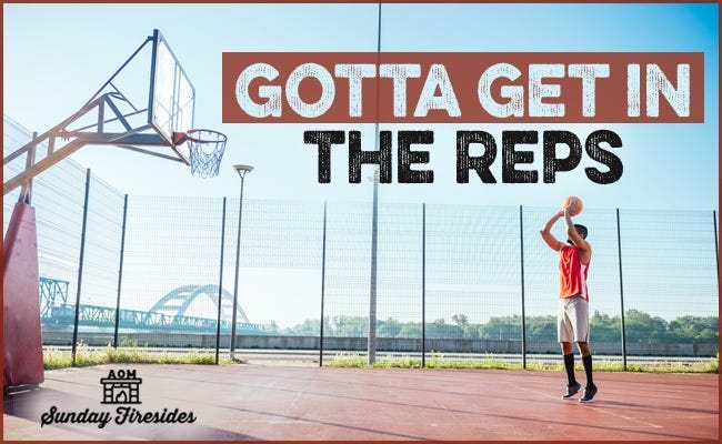 A man shooting a basketball at an outdoor court with the words "Sunday Firesides" displayed above him.