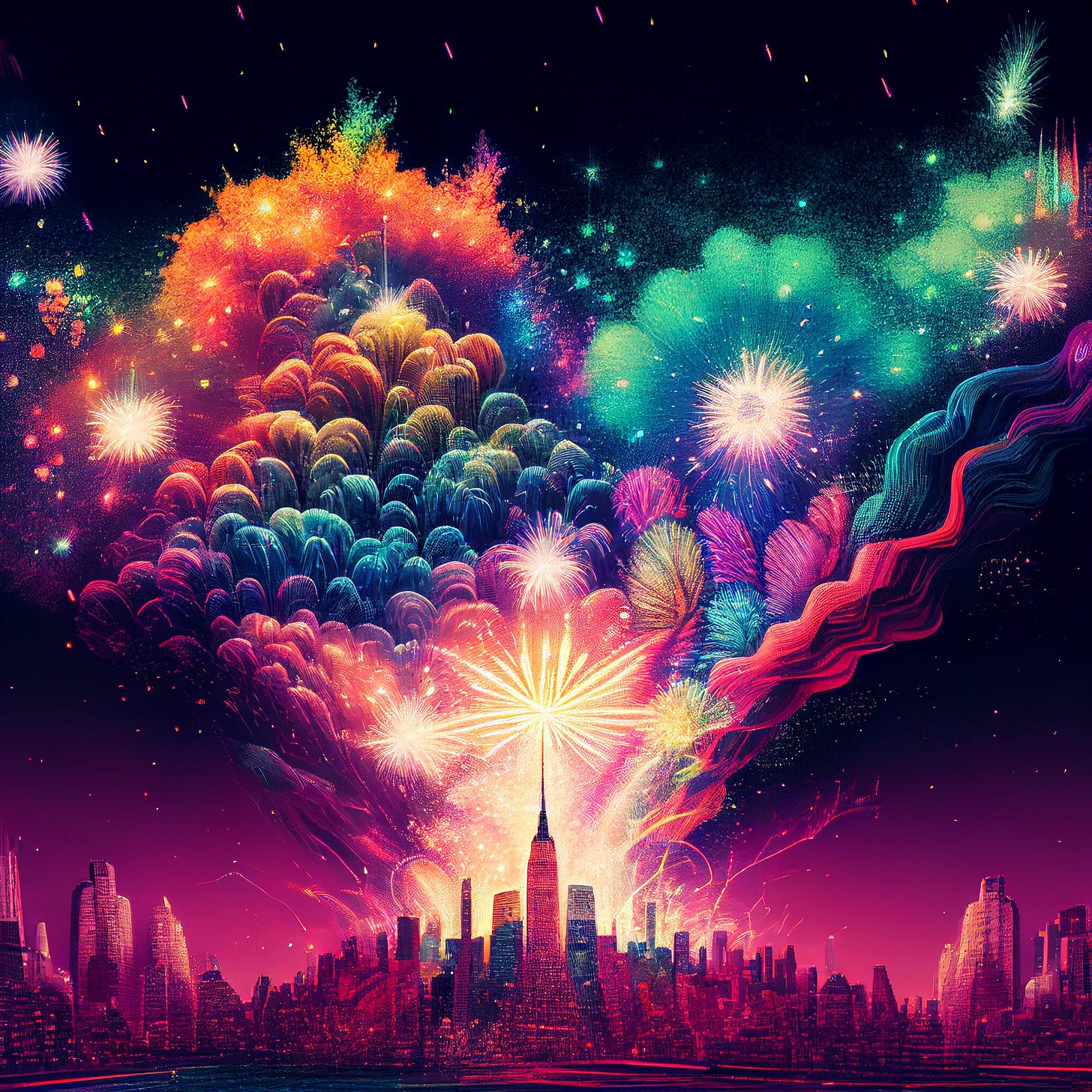 Psychedelic fireworks display above the New York City skyline. Pencil drawing with bright colors and bursts of light.