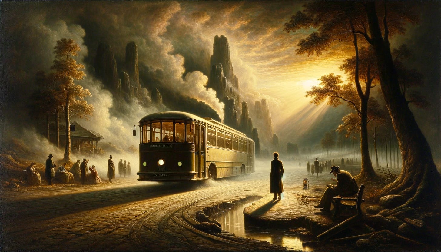 A romantic era style oil painting, reminiscent of Caspar David Friedrich's work, depicting a scene of a person boarding a bus. The painting should capture the mood of solitude and contemplation typical of Friedrich's work, with a focus on the individual's interaction with the modern world symbolized by the bus. The setting should be ethereal, with a dramatic play of light and shadow, and an expansive, contemplative landscape in the background, blending the old with the new in a harmonious composition.