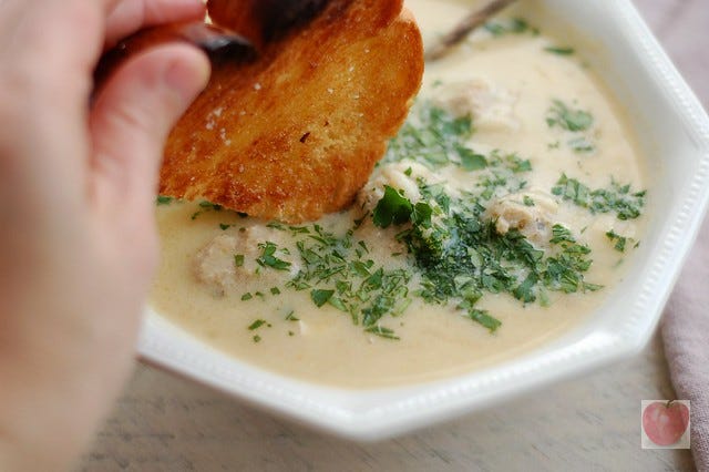 Greek lemon soup with chicken meatballs and herbs by Eve Fox, copyright 2014.