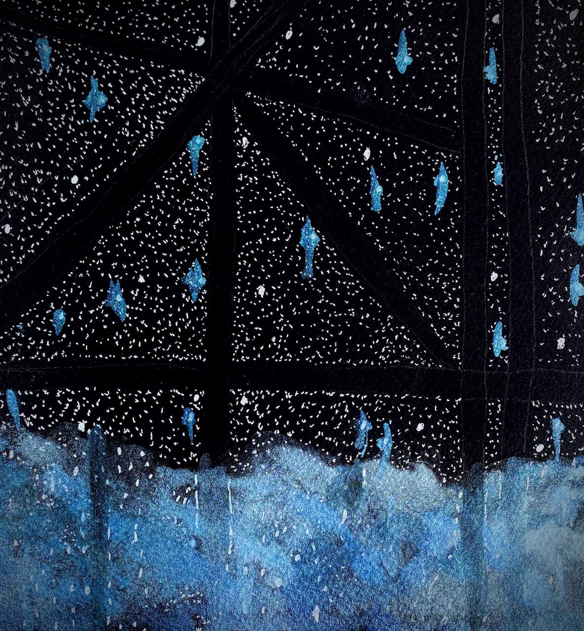 An abstract watercolor featuring a web of inky dark spaces and illuminated stars in white and metallic blue.