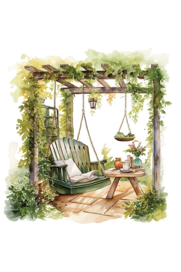 This may contain: a watercolor painting of a swing chair and table in the middle of a garden