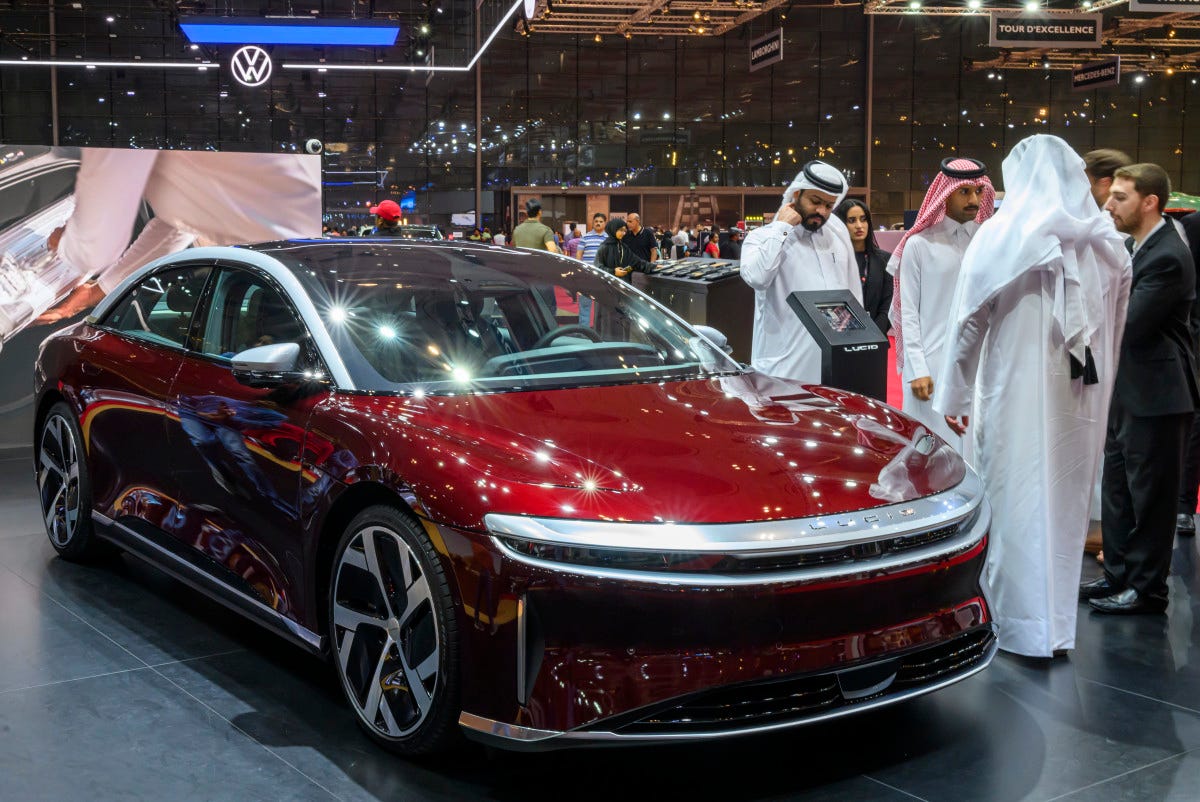 A Lucid Air Dream Edition electric vehicle during the Geneva International Motor Show 2023 (GIMS)at the Doha Exhibition and Convention Center in Doha on 11 October 2023
  

 (Photo by Noushad Thekkayil/NurPhoto via Getty Images)