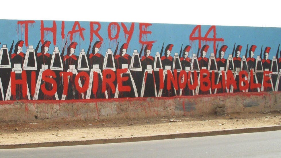 A mural in Dakar, Senegal, commemorates the Thiaroye massacre of December, 1944.