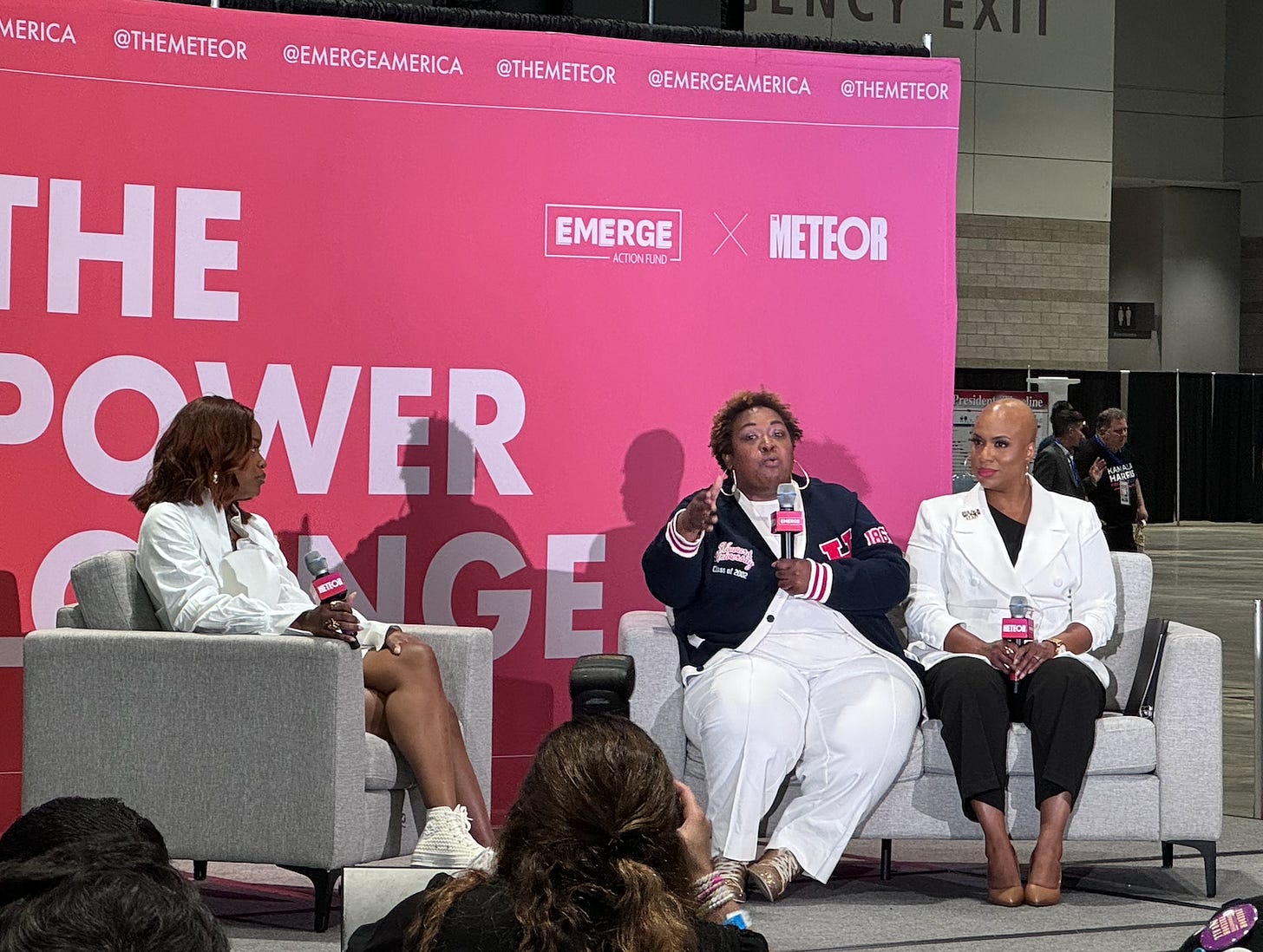 Brittany Packnett Cunningham, Brittney Cooper, and Congresswoman Ayanna Pressley speak onstage at The Power Lounge at the DNC.