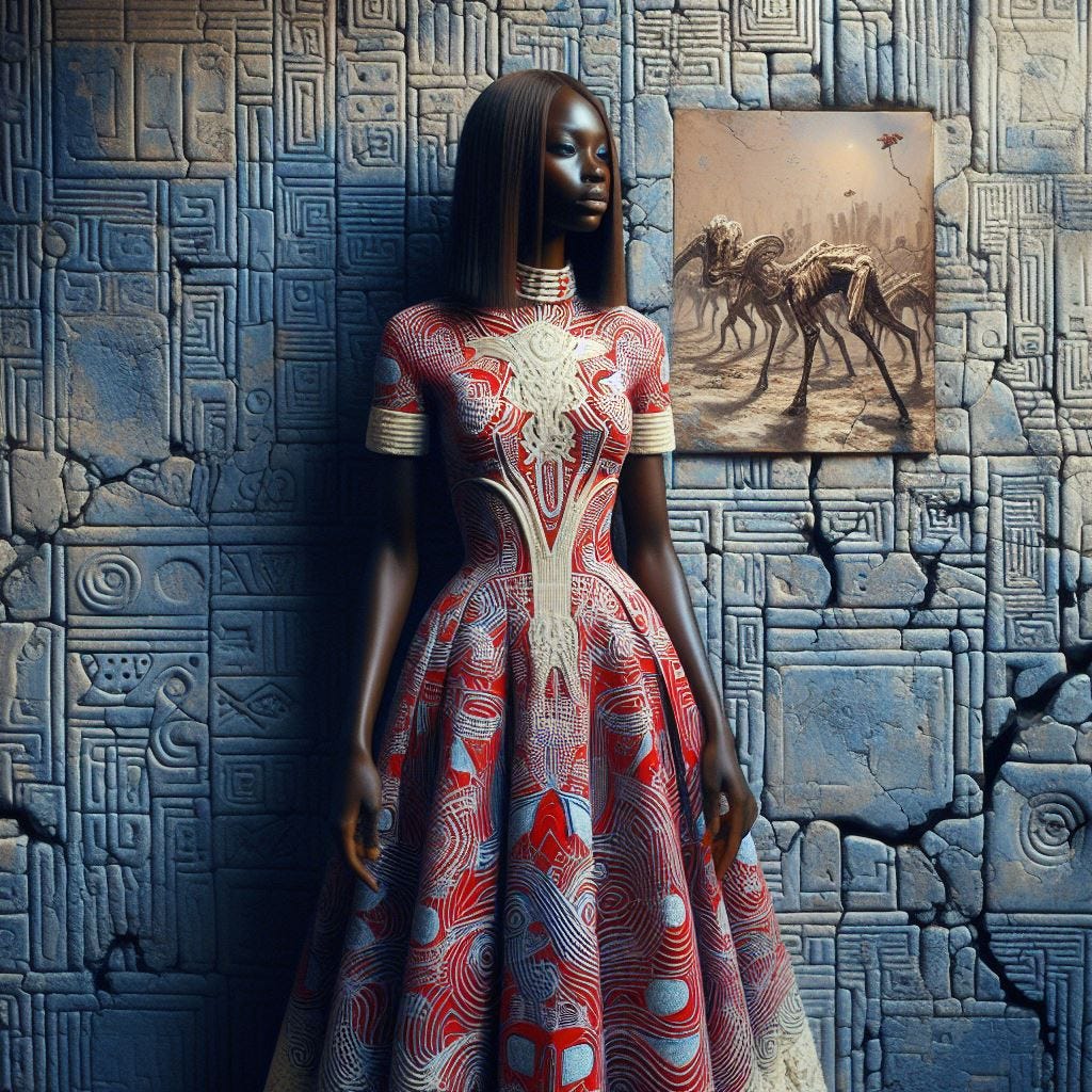 hyper realistic ;tiltshift; dark haired woman in a  dress covered in buitre pattern red on cobalt blue dress with a cream ruffles with a mono pattern embroidered on it. painting by alexander ross on wall in background. Wall made of concrete with alien symbology carved into it. Cracks in wall with tiny flowers growing through.Architecture africaine.Hausa people architecture in Northern Nigeria,Tubali 