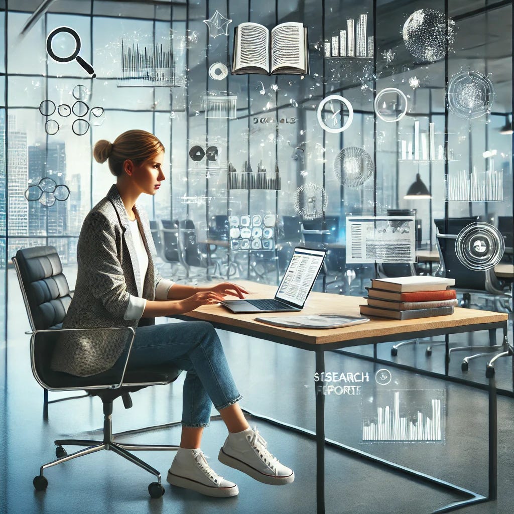 A woman seated at a desk in a professional company headquarters, focused on researching. She has an open laptop, documents, and notebooks spread around her. Floating images of various resources—such as books, charts, graphs, data reports, and search icons—surround her, symbolizing the research process. The modern workspace features sleek furniture, large windows showing a cityscape, and a whiteboard with additional research notes. The background includes a glass-walled conference room, creating a corporate yet dynamic atmosphere.