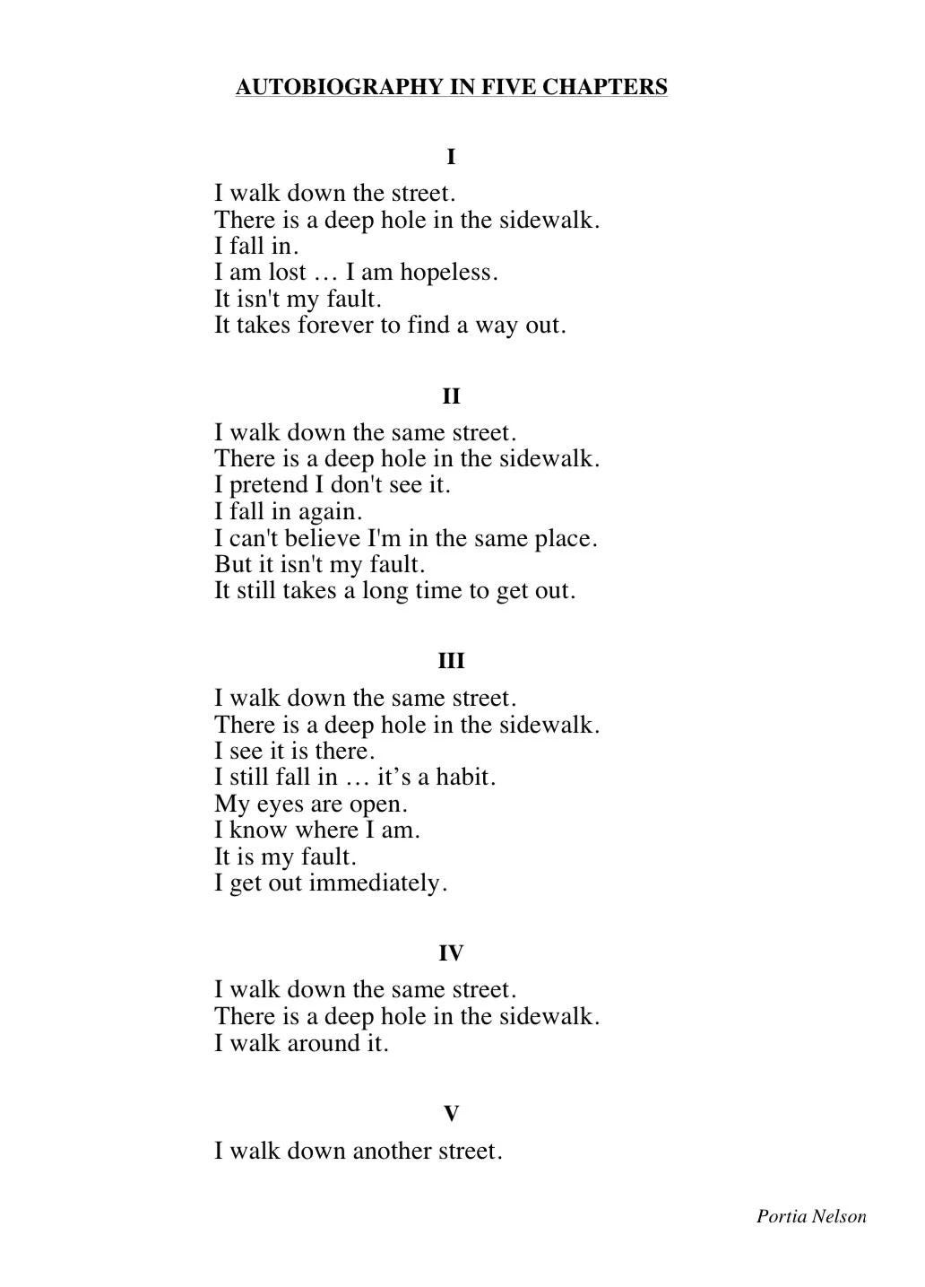 Autobiography in five short chapters by Portia Nelson  Chapter One  I walk down the street.  There is a deep hole in the sidewalk.  I fall in.  I am lost....I am helpless.  It isn't my fault.  It takes forever to find a way out.  Chapter Two  I walk down the same street  There is a deep hole in the sidewalk  I pretend I don't see it  I fall in again.  I can't believe I am in this same place.  But, it wasn't my fault  It still takes a long time to get out.  Chapter Three  I walk down the same street  There is a deep hole in the sidewalk  I see it is there  I still fall in....it's a habit...but,  my eyes are open  I know where I am  It is MY fault  I get out immediately  Chapter Four  I walk down the same street  There is a deep hole in the sidewalk  I walk around it  Chapter Five  I walk down another street