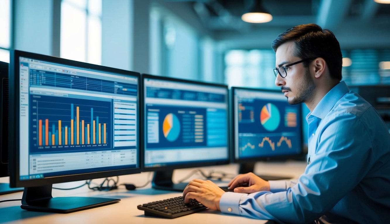 A software engineer analyzing server performance data on multiple computer screens