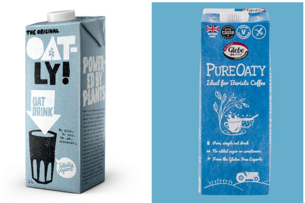 On the left a container of Oatly oat milk. On the right a container of PureOaty oat milk