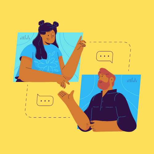 A man (wearing a navy shirt) and a woman (wearing a light blue top) having a conversation. From Canva